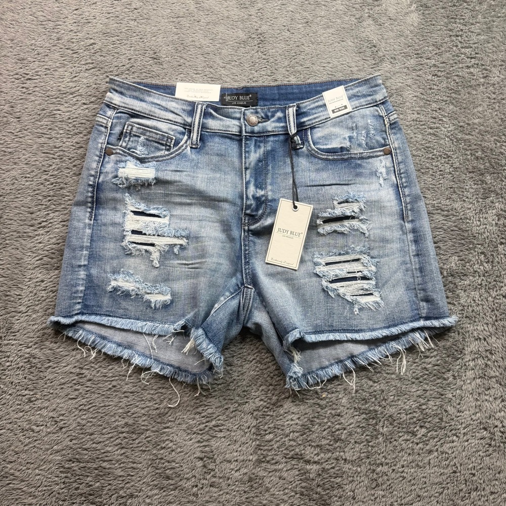 Judy Blue Mid-Rise Washout Cut-Off Denim Patch Shorts